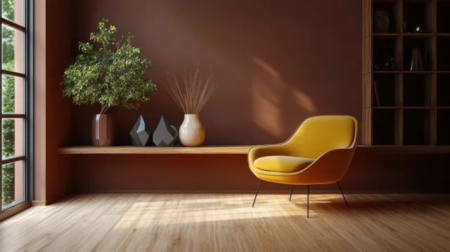 A yellow armchair rests beside a wooden shelf with small vases and a plant against a dark wall in warm sunlight.