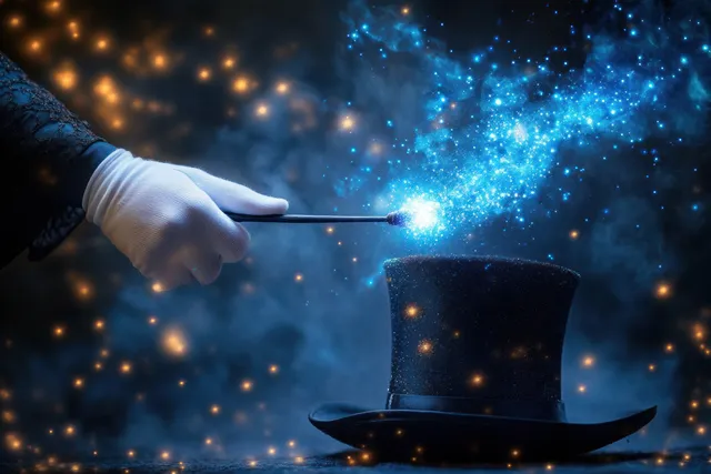 White-gloved hand casts sparkling blue magic dust from a wand over a black top hat surrounded by glowing gold particles.
