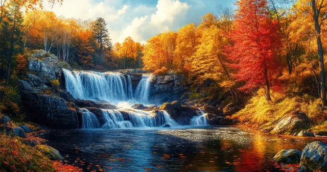 Waterfall cascades over rocky steps into a river surrounded by vivid autumn trees beneath cloudy sky.