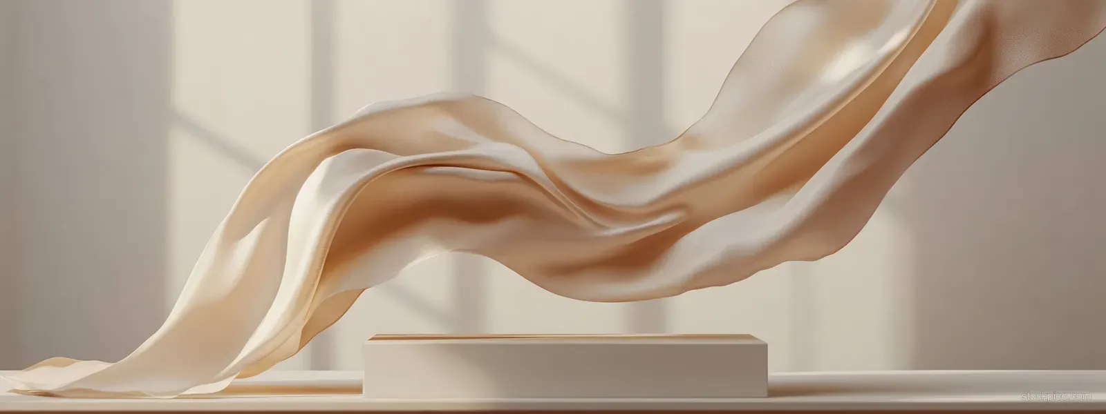 Beige silk fabric drapes and floats above a minimal podium in warm studio light.