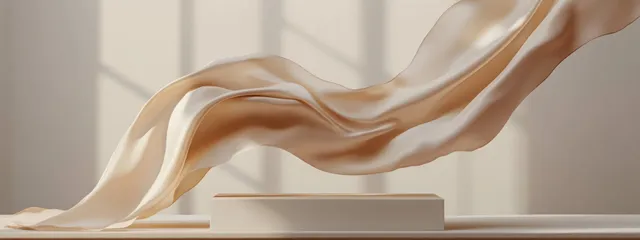 Beige Silk Fabric Flowing Above a Minimal Product Display
