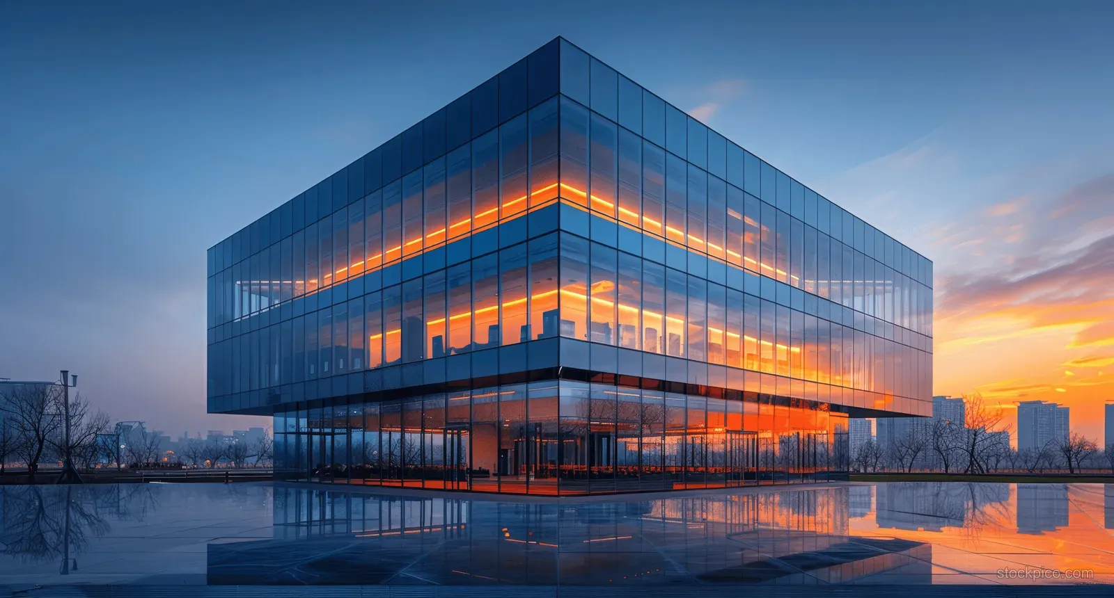 A glass office building at dusk in a Beijing industrial park reflects the sunset sky in its facade.
