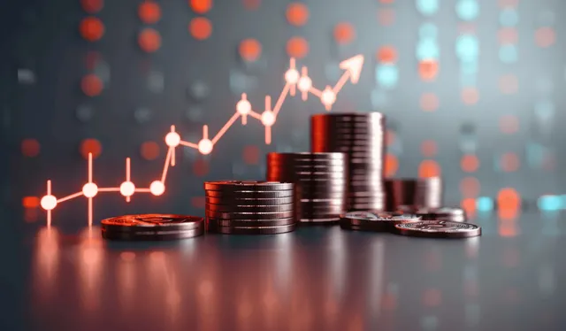 Stacked coins sit on a table while a glowing upward chart with percentage symbols rises above a blurred financial background.
