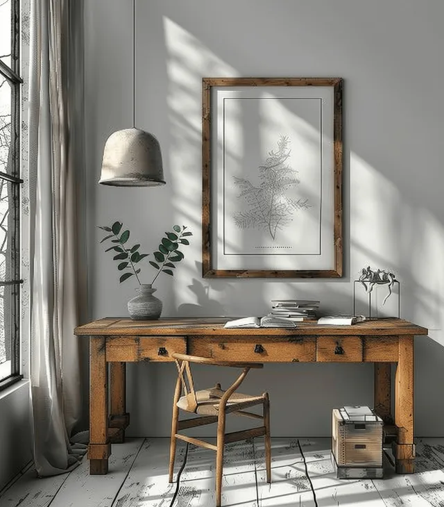 Minimalist home office desk with rustic wood, mockup poster frame, plant, and soft daylight