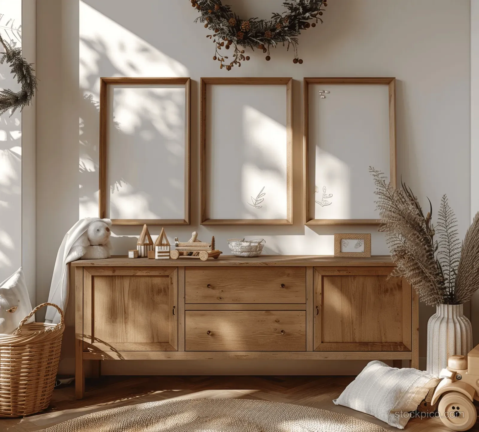 Sunlit kids bedroom corner with a wooden sideboard and three blank frames above it, surrounded by toys and decor.