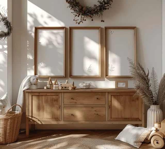 Sunlit kids bedroom corner with a wooden sideboard and three blank frames above it, surrounded by toys and decor.