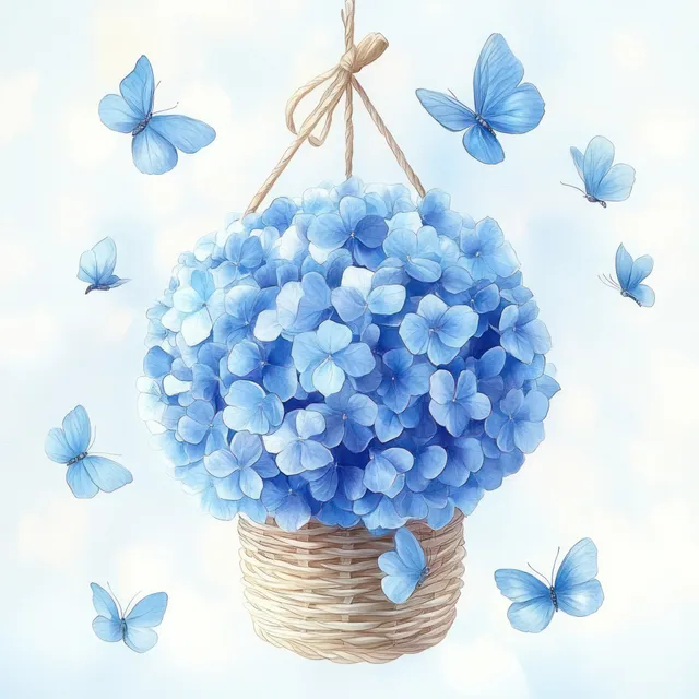 Watercolor blue hydrangea balloon with butterflies, woven basket, airy sky background and soft shadows