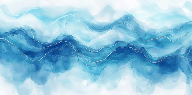 Minimal watercolor ocean wave swirls over a light blue cloudlike background texture