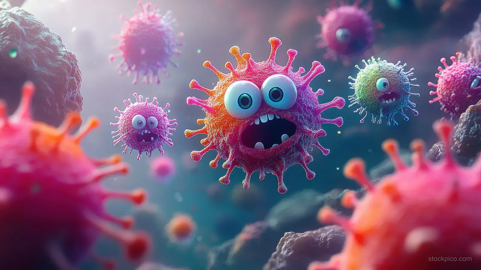 Colorful cartoon virus characters with big eyes float in a glowing microscopic background filled with tiny particles.