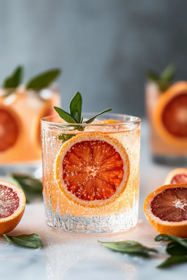 Sparkling blood orange drink in a textured glass garnished with green leaves and citrus slices on a light surface.