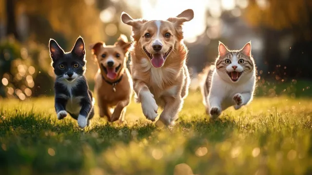 Three dogs and a cat run together across a sunlit green lawn with warm golden light and drifting sparkles.
