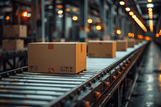 Cardboard parcels move along conveyor belt in automated warehouse, low-angle logistics scene