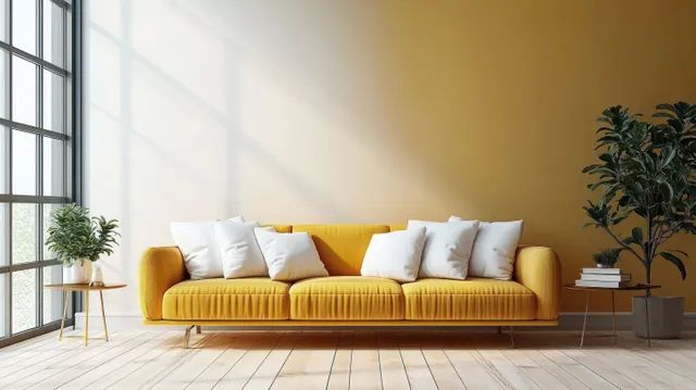 Bright yellow sofa with white cushions sits in a minimalist Scandinavian living room lit by large windows.