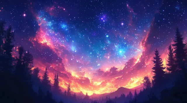 Swirling nebula galaxies over forest horizon with glowing night sky and silhouettes