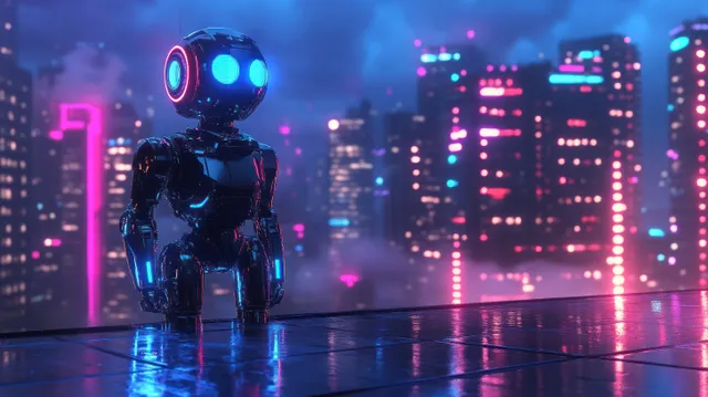 Futuristic small robot standing on wet neon rooftop, glowing blue eyes at night city skyline