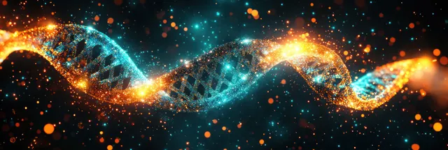 A luminous turquoise and orange DNA double helix spirals across a dark cosmic background with glowing particles.