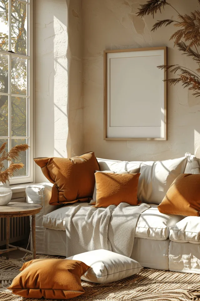 Scandinavian living room with beige wall, framed poster, and plaid sofa pillows by sunlit window