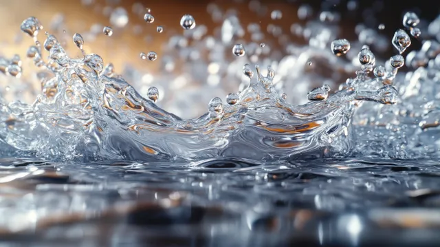 Close-up of water splashing from a broken pipe with droplets forming ripples and reflections.