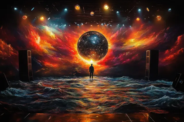 Silhouette on a stage with stormy ocean waves under a glowing celestial orb and fiery clouds.