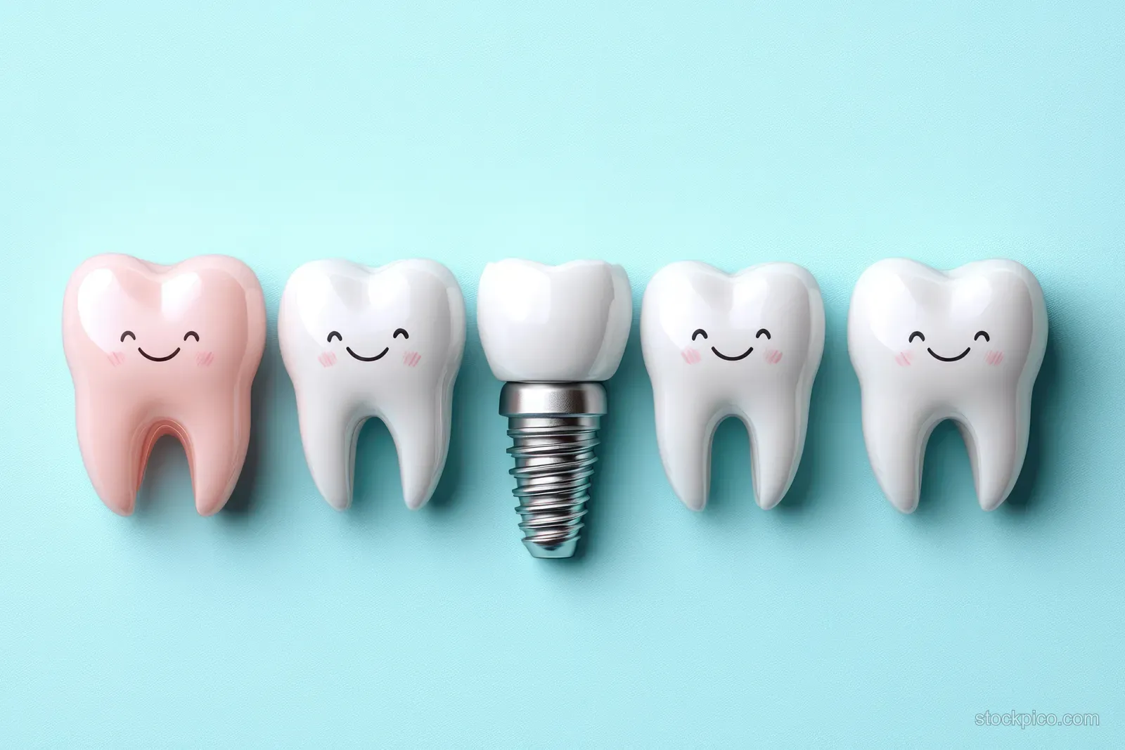 Five smiling teeth characters on a light blue background, with one tooth shown as a dental implant screw.