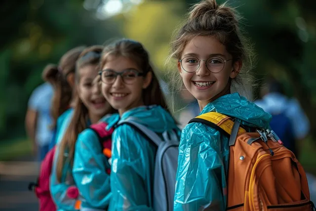 Smiling students in teal jackets and backpacks walk outdoors with a softly blurred crowd behind them.