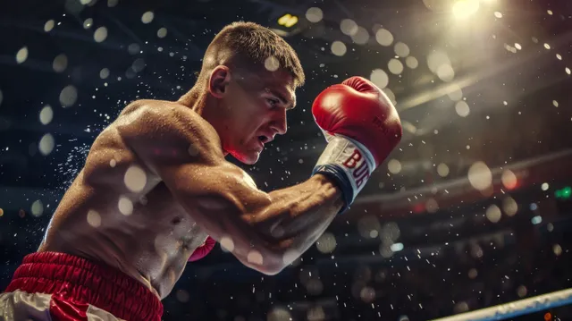 A British middleweight boxer swings a right hook toward an opponent in an arena ring under bright lights.