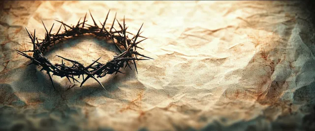 Crown of thorns resting on vintage parchment with dark blood stains and distressed texture