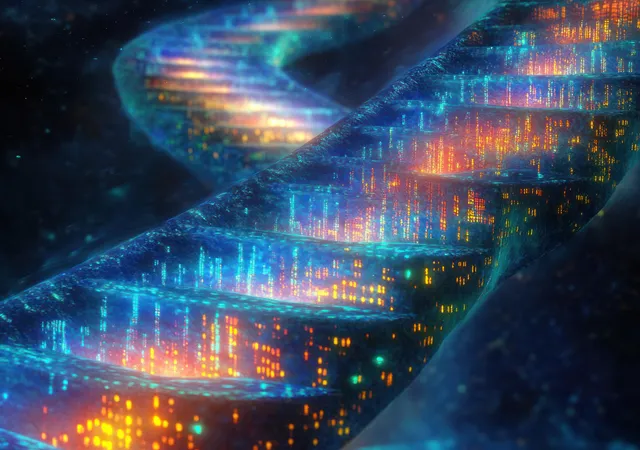 A glowing DNA double helix close-up is overlaid with blue and orange digital data streams.