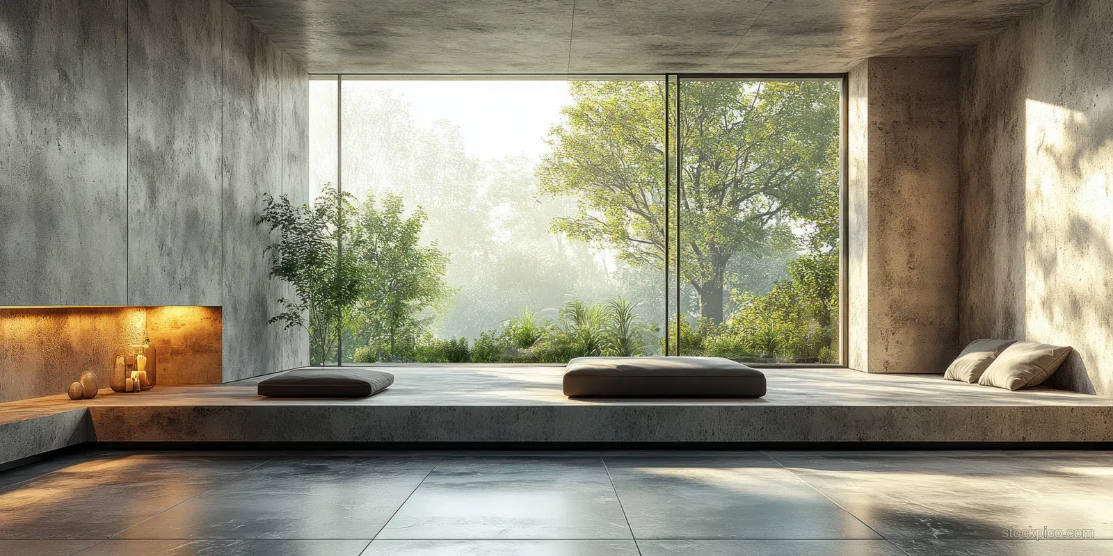 Empty concrete room interior with textured walls, large window, soft daylight, and benches on a rough stone floor.