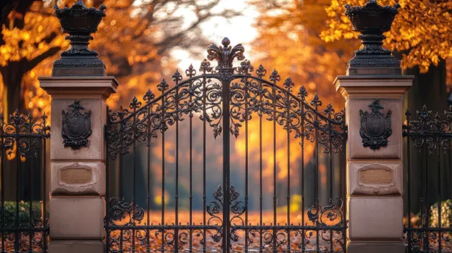 Ornate wrought iron gate between stone pillars with urn finials at golden autumn sunset