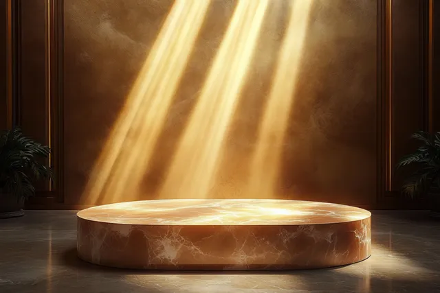 Gold marble podium on stage under sweeping spotlights with warm glowing accents