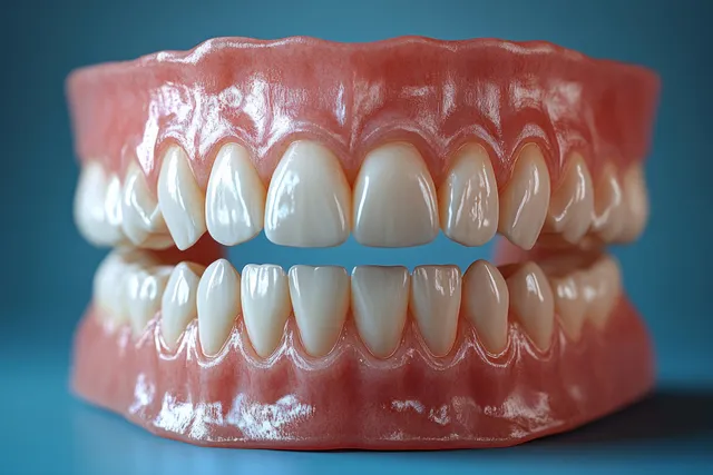 Close-up dental anatomy model showing clean teeth and gums against a blue gradient background.