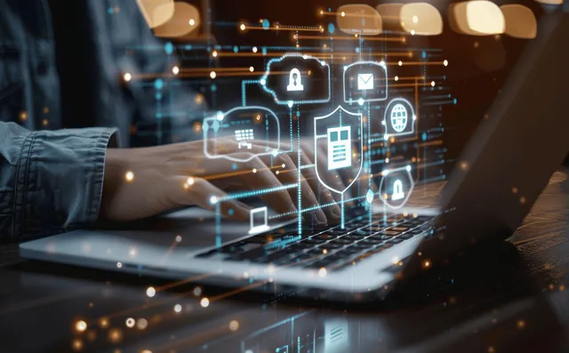 Businessman managing digital documents on a laptop with floating security icons