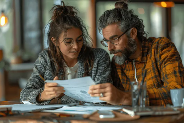 Two colleagues review printed project papers at a meeting table in a modern office.