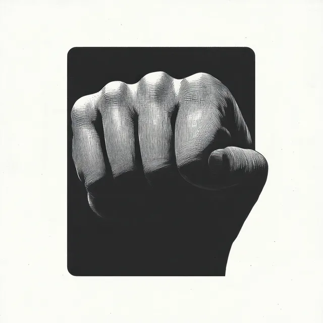 Monochrome illustration shows a clenched human fist with detailed skin texture and strong shadows inside a dark rounded rectangle.