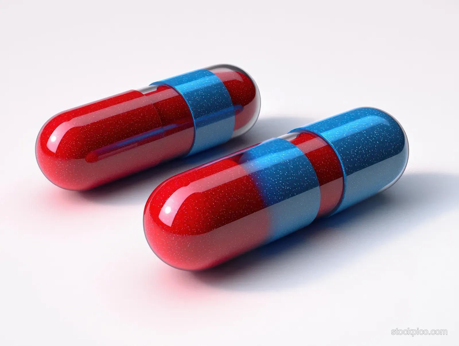 Two red and blue capsules with small granules lie on a clean white background.