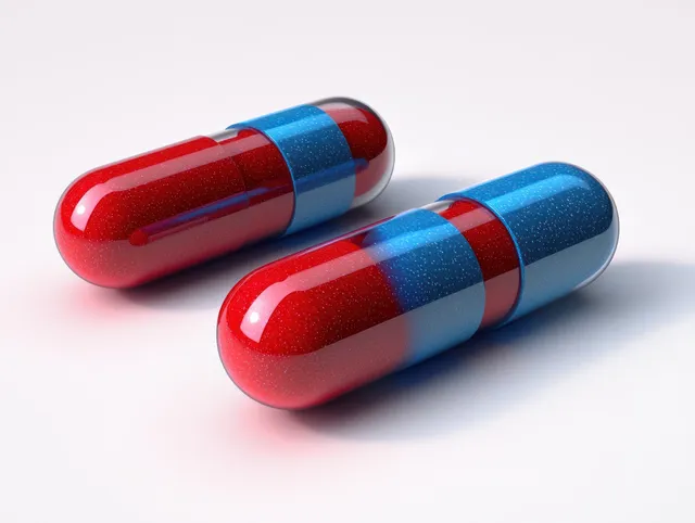 Two red-blue medicine capsules with visible granules on a clean white background with Medical Supplies