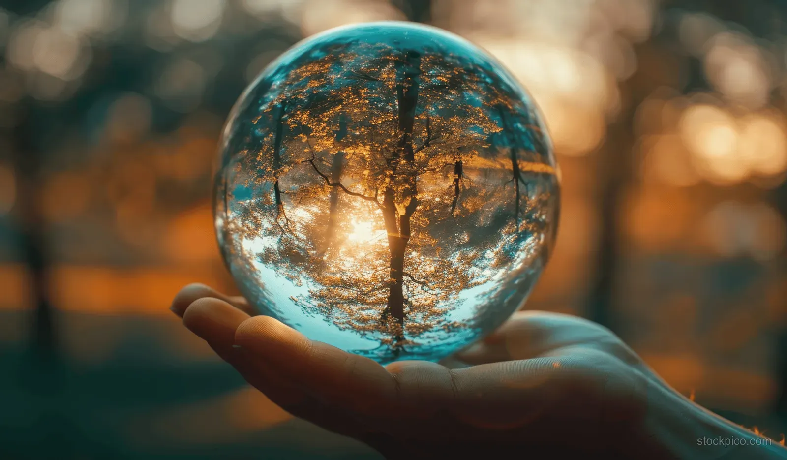 Hands hold a glowing earth globe with visible trees and a warm sunlit background.