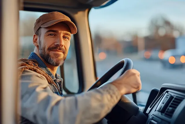 Smiling truck driver in the semi-truck cab driving on a highway with blurred lights ahead.