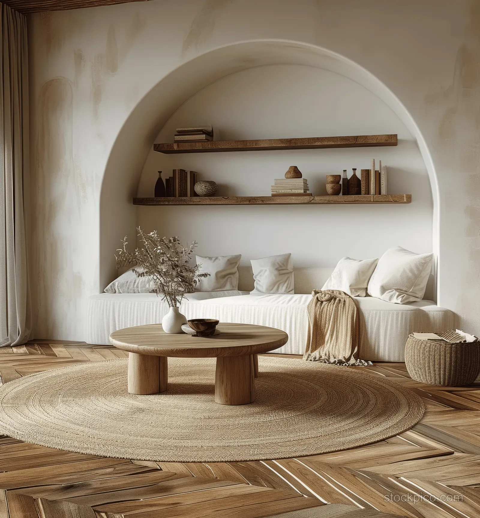 Bohemian living room interior mockup with white sofa, round wooden coffee table, pampas decor, and soft natural light.