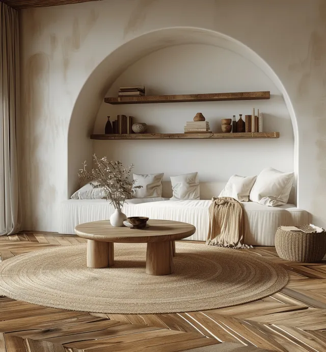 Bohemian living room interior mockup with white sofa, round wooden coffee table, pampas decor, and soft natural light.