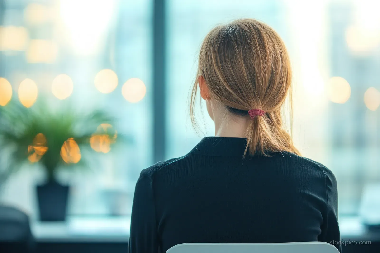 Back view of a woman seated at a reception desk while consulting a clinician in a bright office.