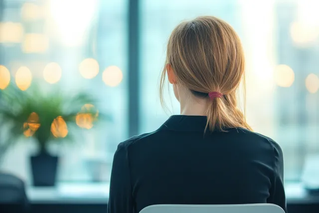 Back view of a woman seated at a reception desk while consulting a clinician in a bright office.