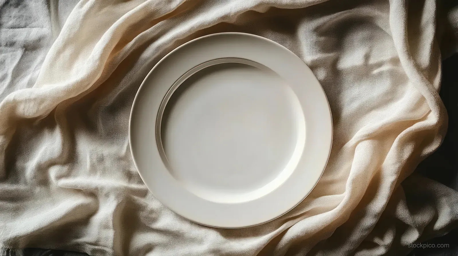 Minimalist white plate centered on beige wrinkled cloth in a top-down still life.