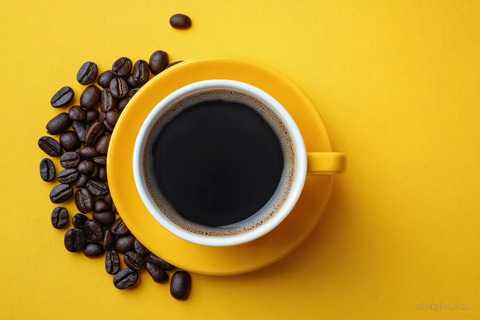 Overhead shot of a yellow cup of black coffee with scattered coffee beans on a minimalist yellow background.