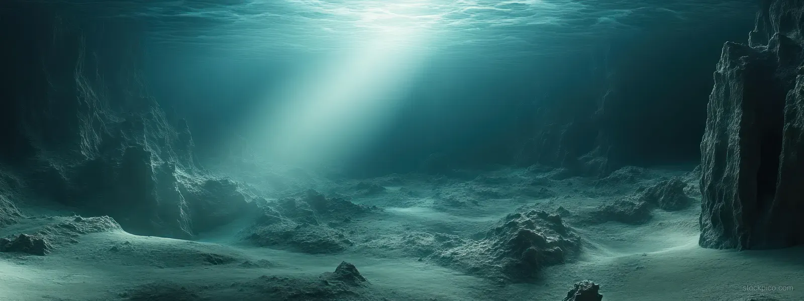 Sunbeams illuminate jagged rocky seafloor and cliffs in clear blue underwater water.