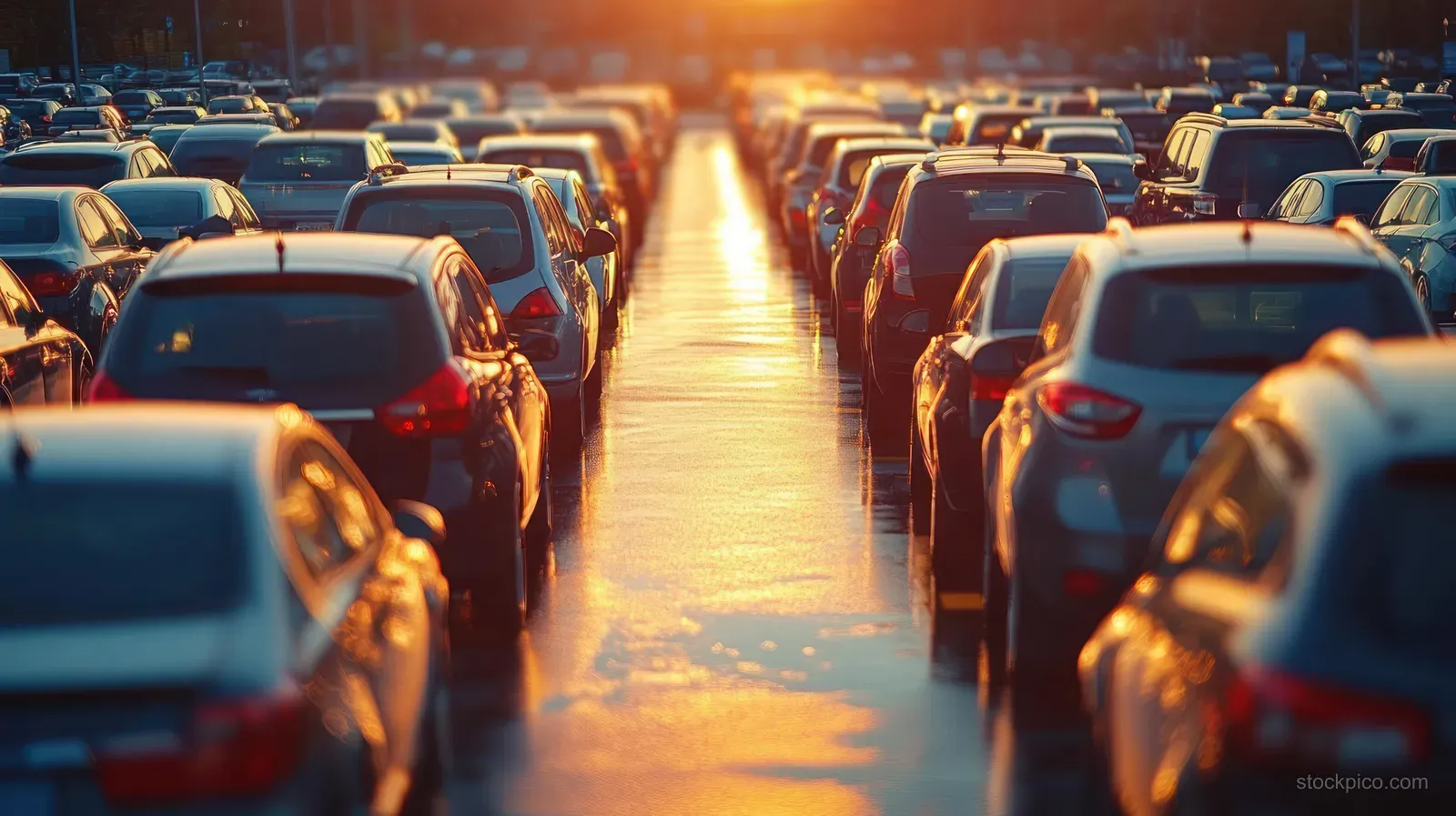 A crowded parking lot aisle at sunset with glossy cars and orange reflections across the asphalt.