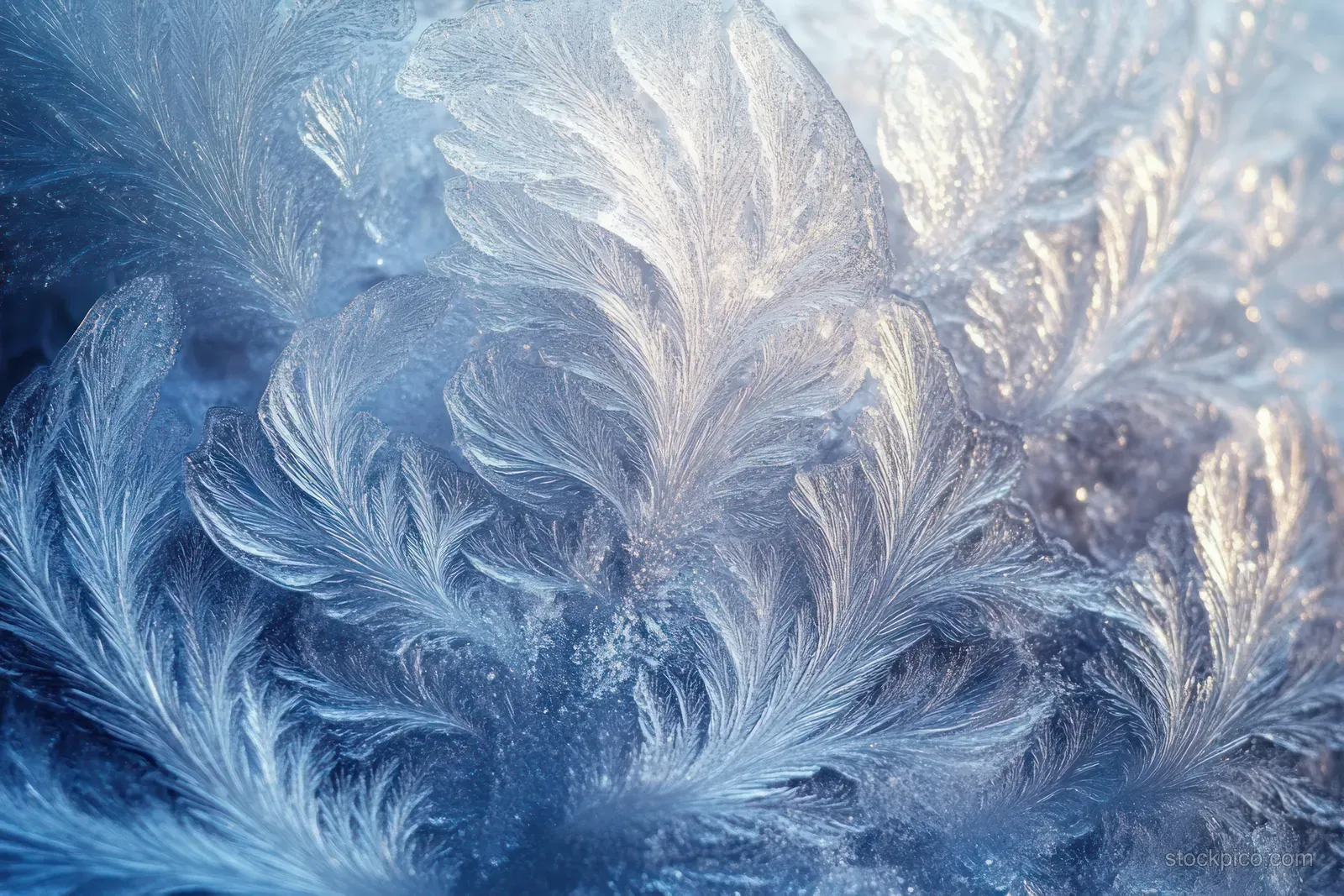 Feather-like frost patterns cover frosted glass, reflecting blue and white light with crystalline detail.
