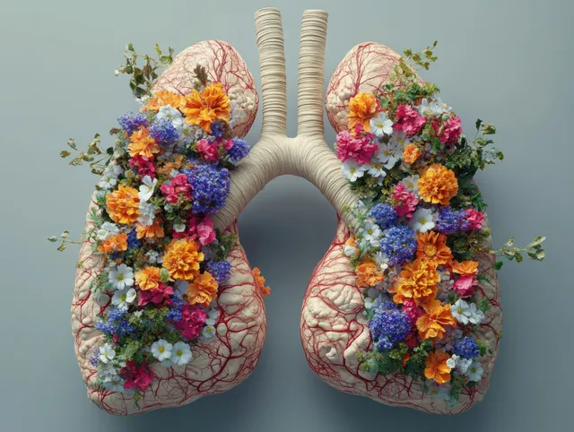 Two anatomical human lungs with colorful flowers arranged inside, framed on a light studio background.