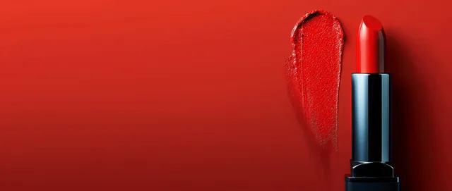 Red lipstick stick and open tube on a solid red background with a glossy lip-color smear.